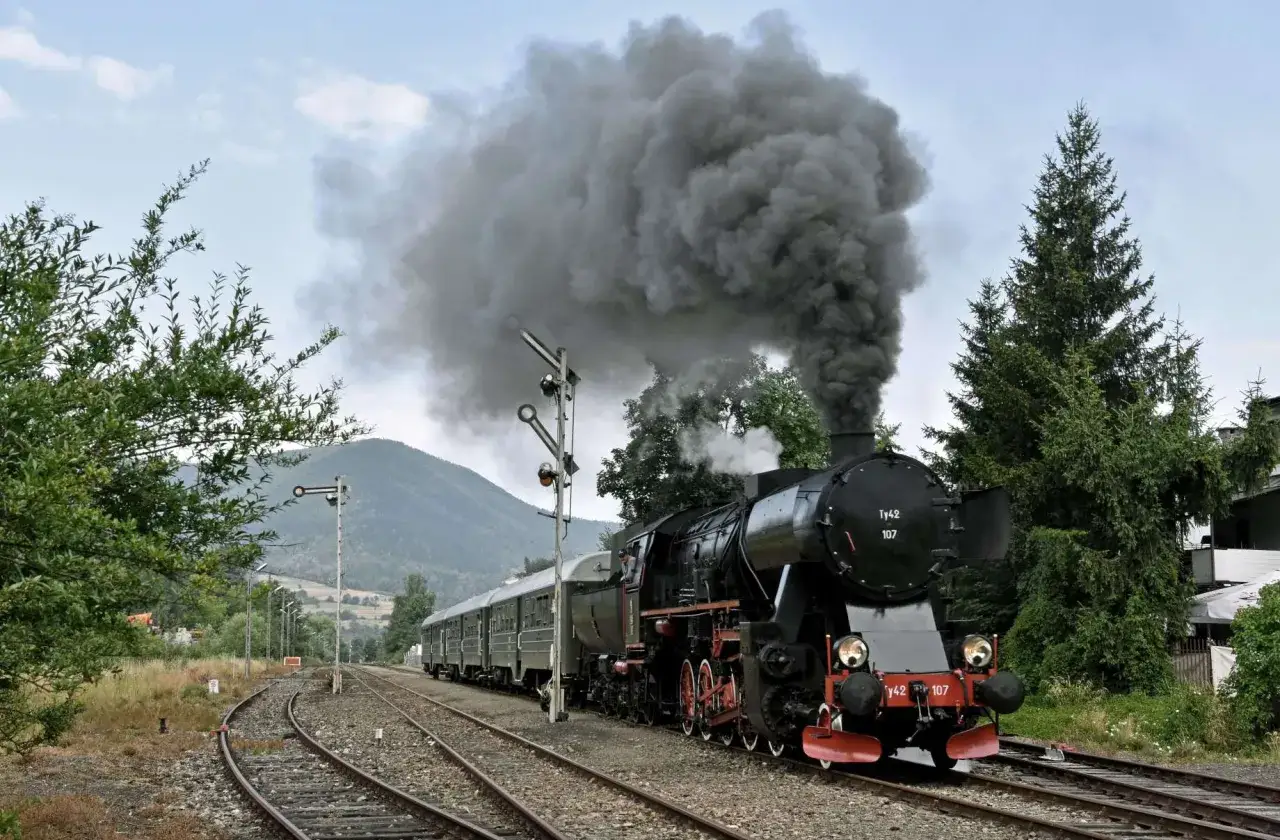 Czarny, parowy pociąg retro z wagonami, wydobywający gęsty dym, jedzie po torach wśród zieleni i gór.