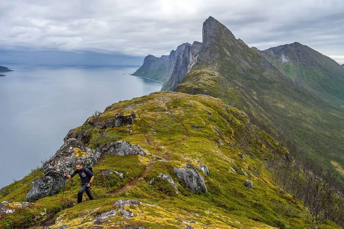 Wędrowiec na malowniczym szlaku w Norwegii. Widok na góry i fiord to coś, co warto zobaczyć.