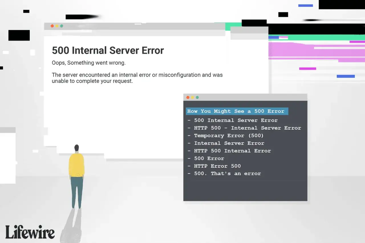 Błąd 500 Internal Server Error. Strona informuje o problemie z serwerem, a obok lista możliwych komunikatów błędu.