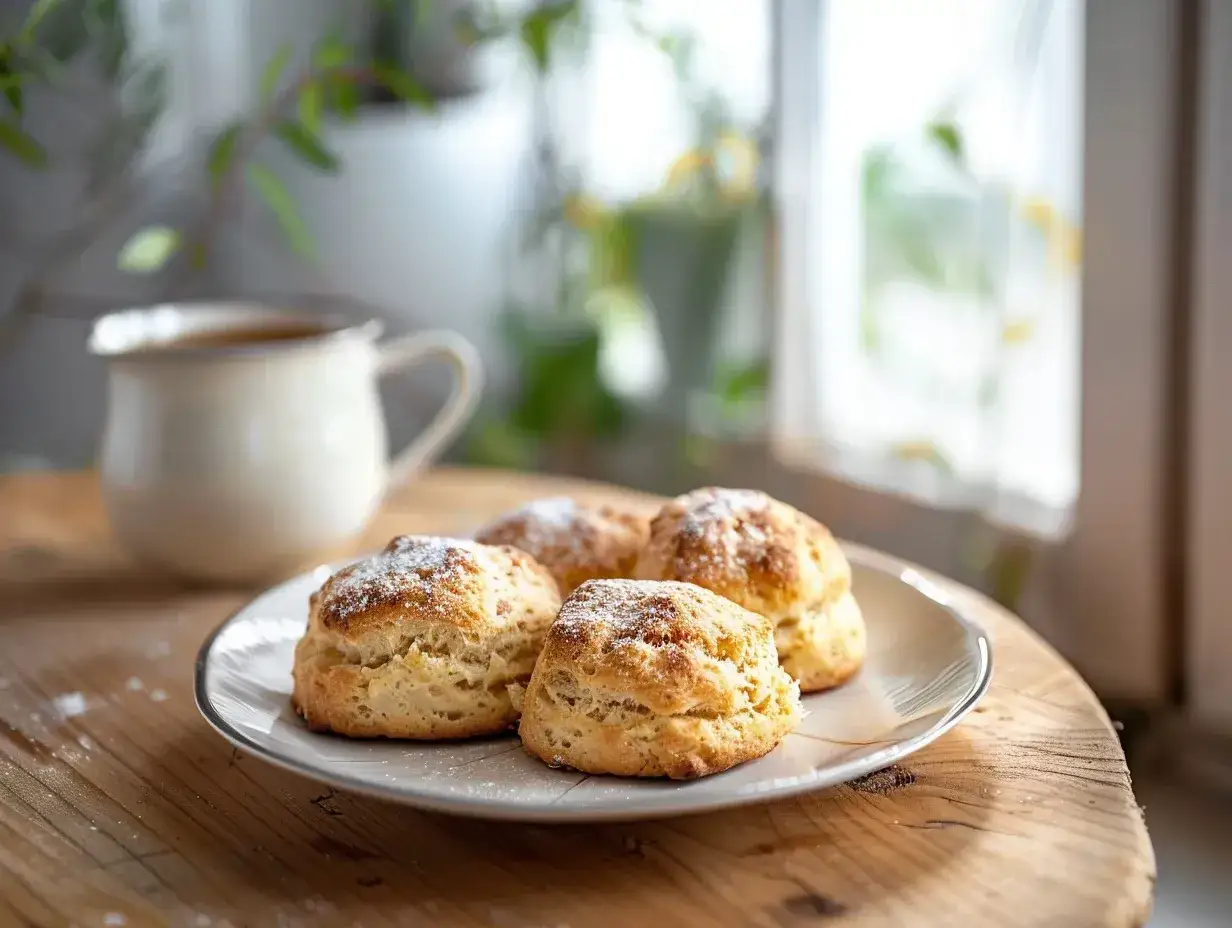 Lätta scones på en tallrik, redo att avnjutas med en kopp kaffe. Perfekt för en mysig fika.