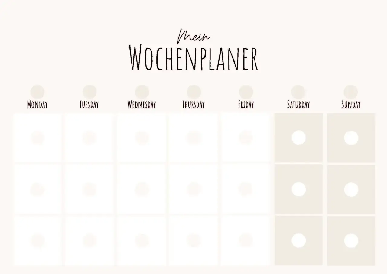 Eine leere Wochenplaner Vorlage mit Feldern für jeden Tag der Woche, ideal zur Organisation von Aufgaben und Terminen.