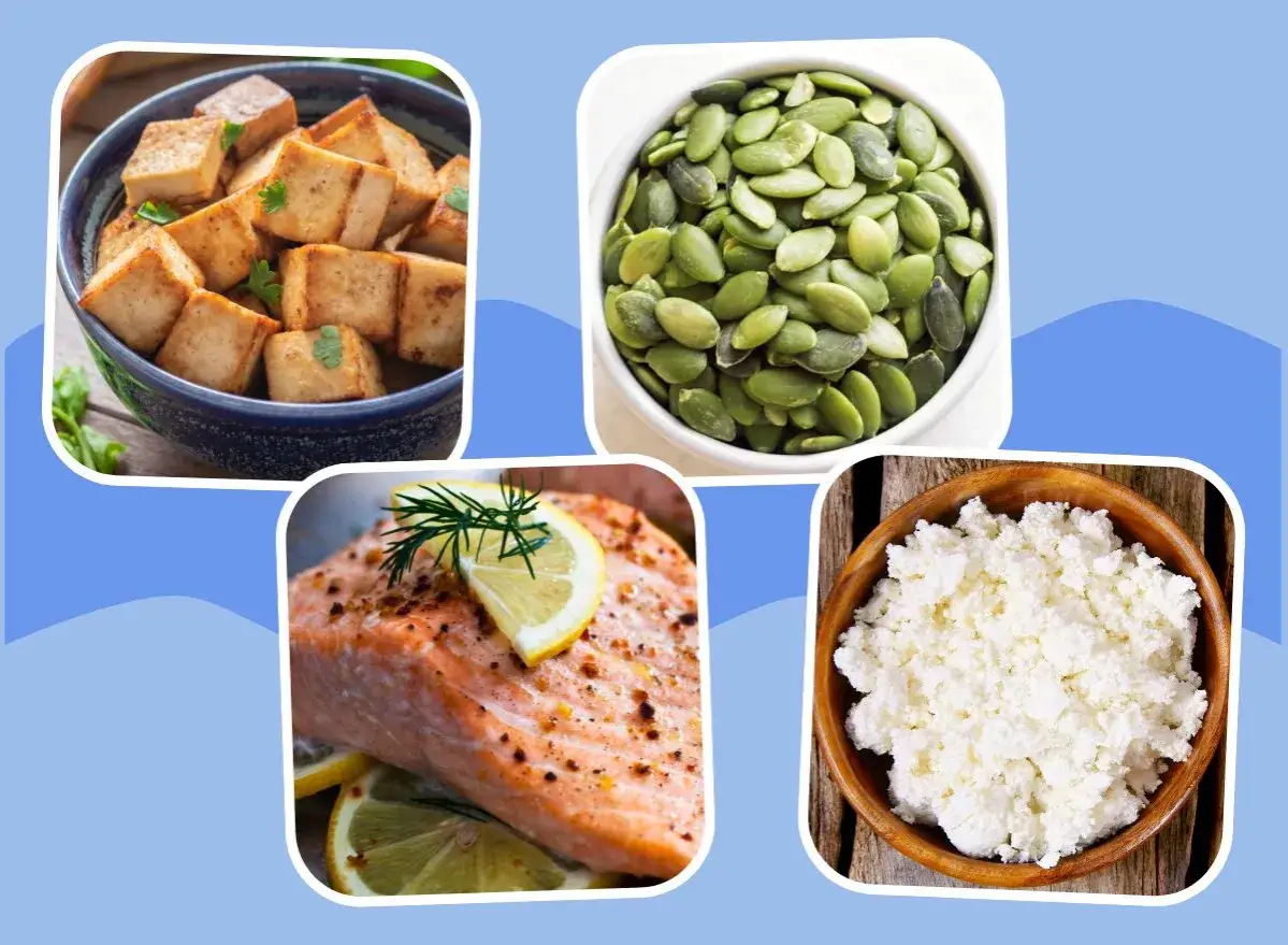Tofu, Kürbiskerne, Lachs und Hüttenkäse – Zutaten für rezepte mit viel protein und wenig kalorien.