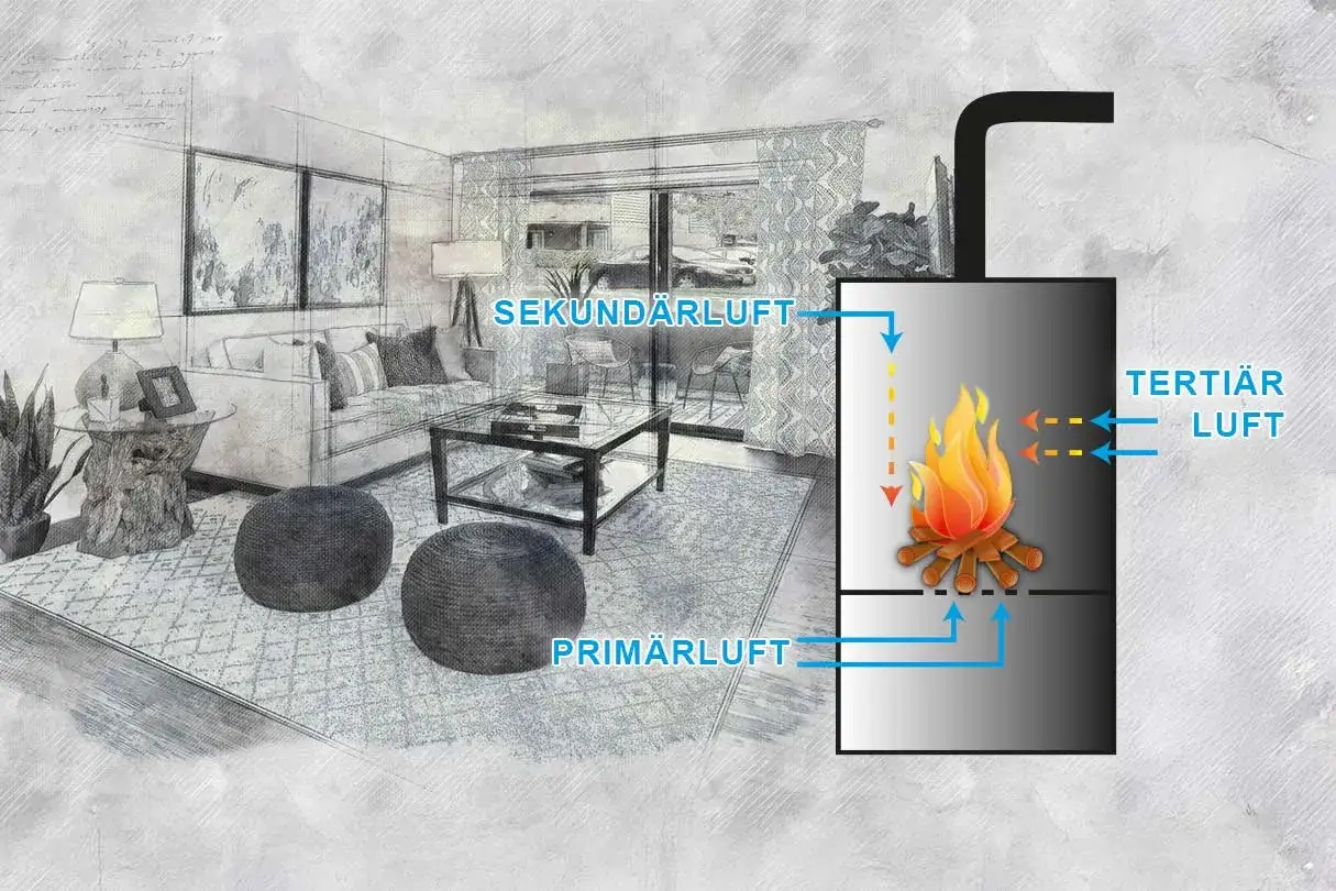 Schema zeigt, wie funktioniert ein Kaminofen: Primär-, Sekundär- und Tertiärluftzufuhr für effizientes Heizen.