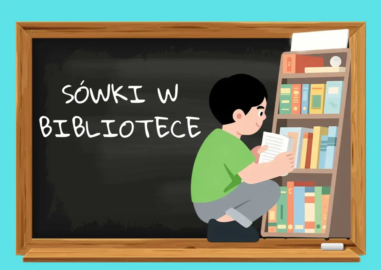Chłopiec w zielonej koszulce czyta książkę przy regale pełnym kolorowych książek. Napis na tablicy: 