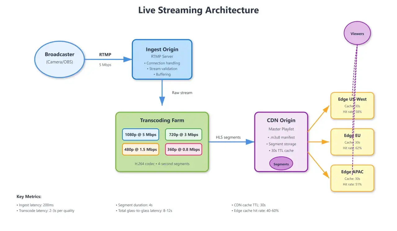 Live streaming architecture: Broadcaster sends RTMP to an Ingest Origin RTMP server on Linux, which then sends raw stream to Transcoding Farm.