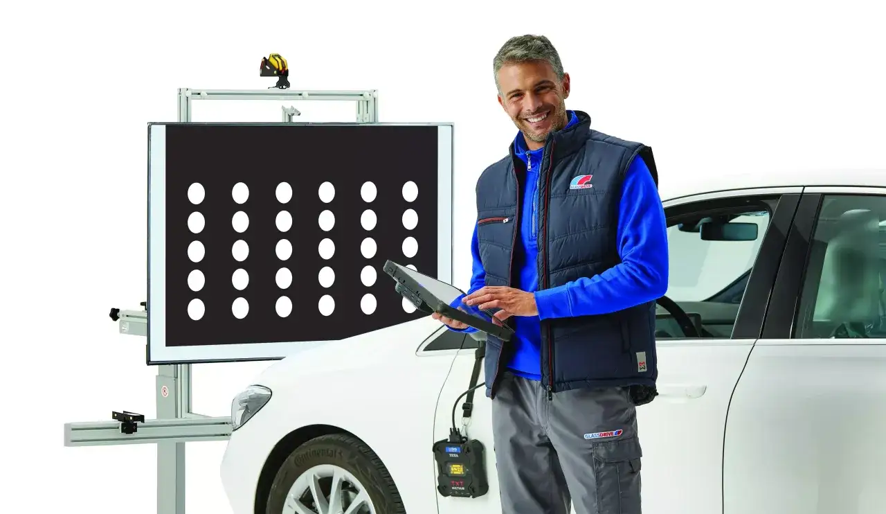 Tecnico sorridente con tablet vicino a un'auto, pronto per la calibrazione dei sistemi adas auto.