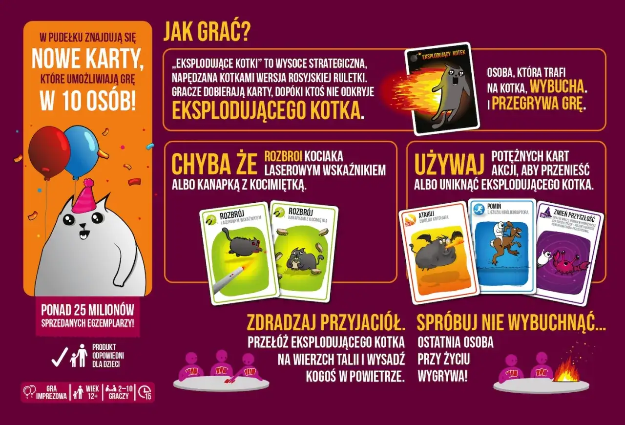 Eksplodujące kotki: imprezka! Gra strategiczna, gdzie dobierasz karty, by uniknąć wybuchu. Używaj akcji, by przetrwać i wygrać!