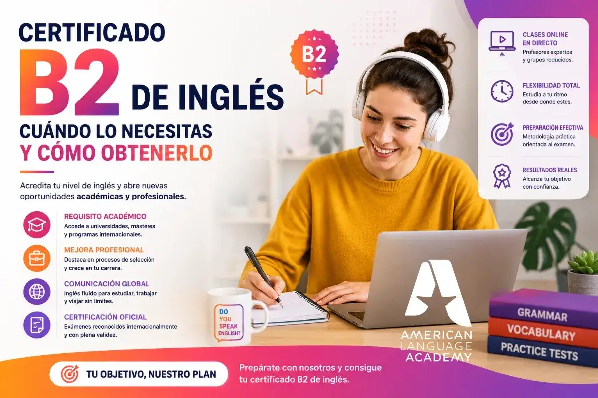 Joven sonriente con auriculares estudia ingl&eacute;s en l&iacute;nea para obtener su certificado B2.