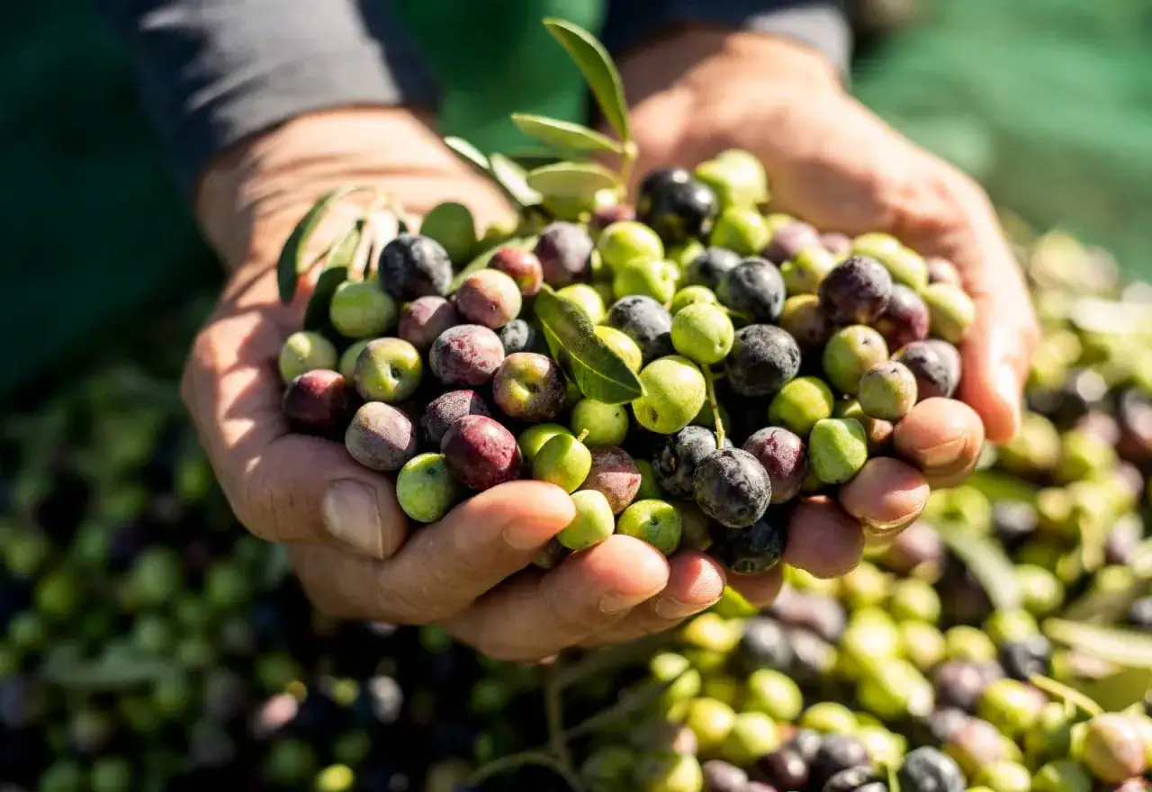 Manos sostienen aceitunas verdes y moradas reci&eacute;n cosechadas. Descubre sus aceitunas beneficios y contraindicaciones.