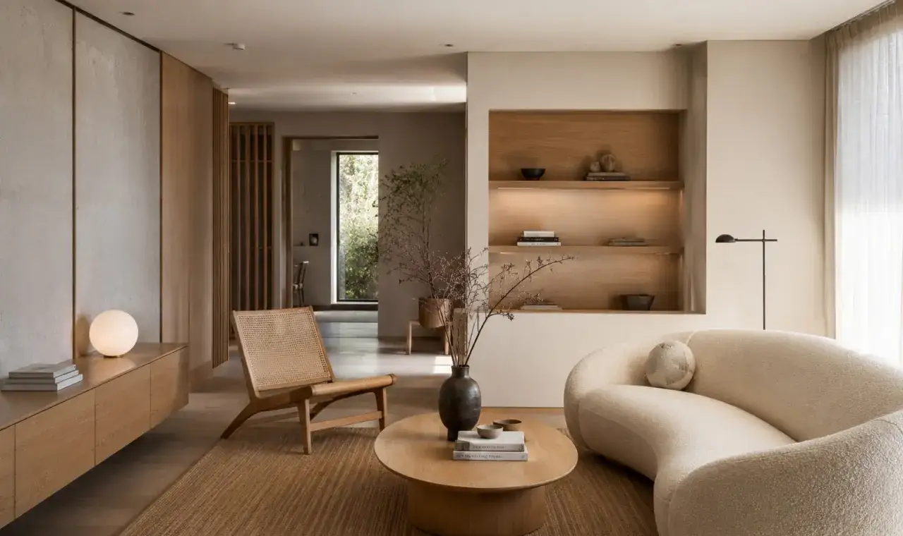 Sal&oacute;n de **estilo japandi** con sof&aacute; curvo, silla de rat&aacute;n, mesa de centro de madera y estanter&iacute;as empotradas.
