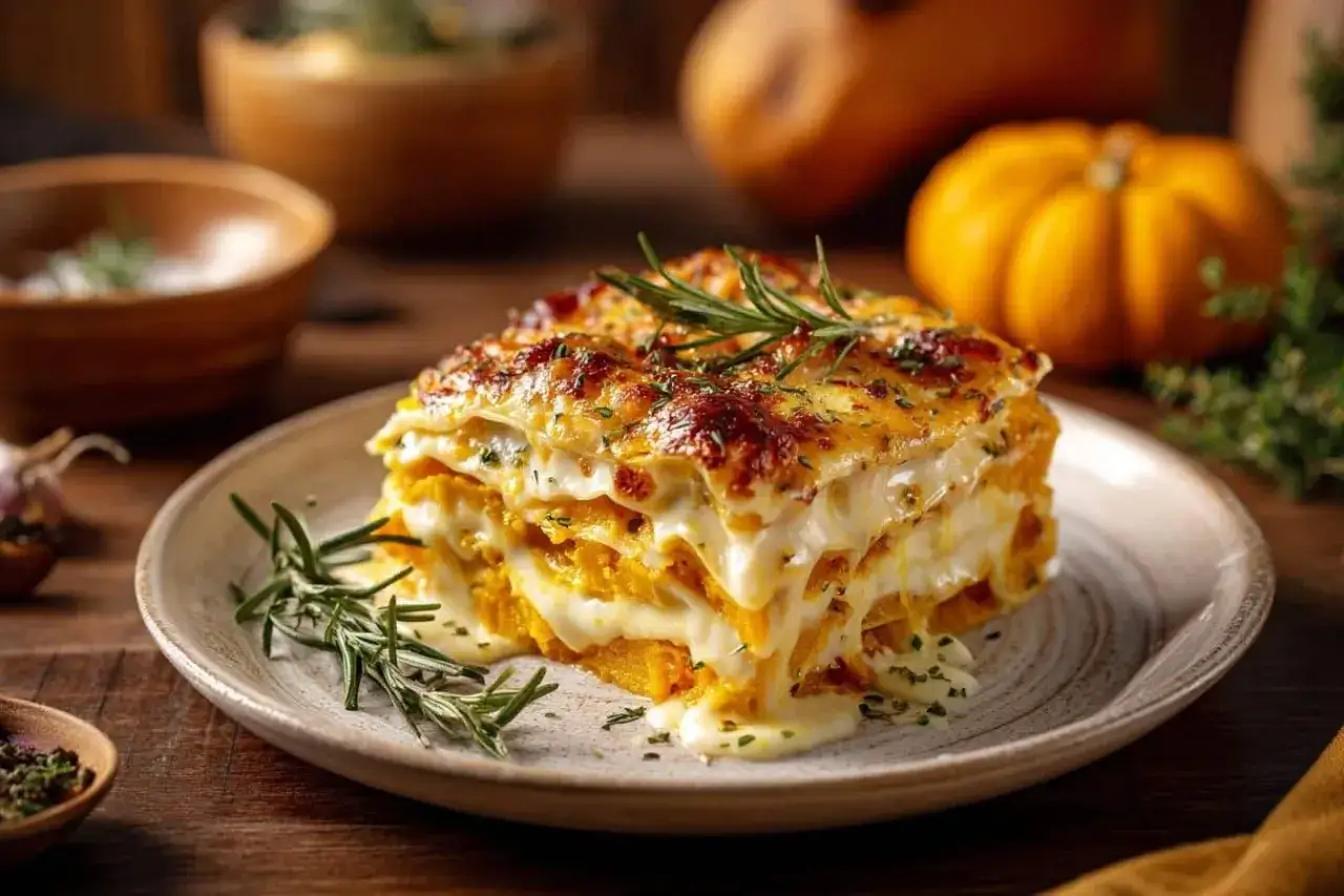 Une part généreuse de lasagne de butternut, dorée et gratinée, avec des couches de fromage fondant et des herbes fraîches.
