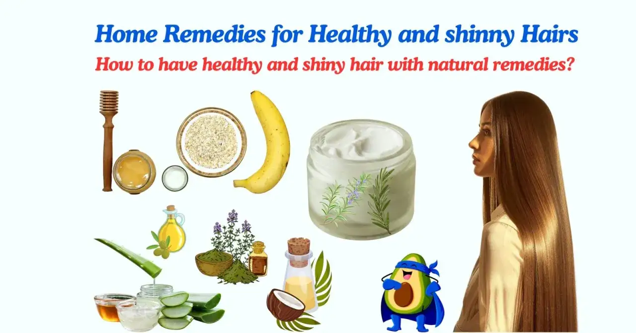 Frau mit gl&auml;nzendem Haar, umgeben von nat&uuml;rlichen Zutaten wie Honig, Haferflocken, Banane, Aloe Vera und Kokosnuss f&uuml;r gesunde Haarpflege.