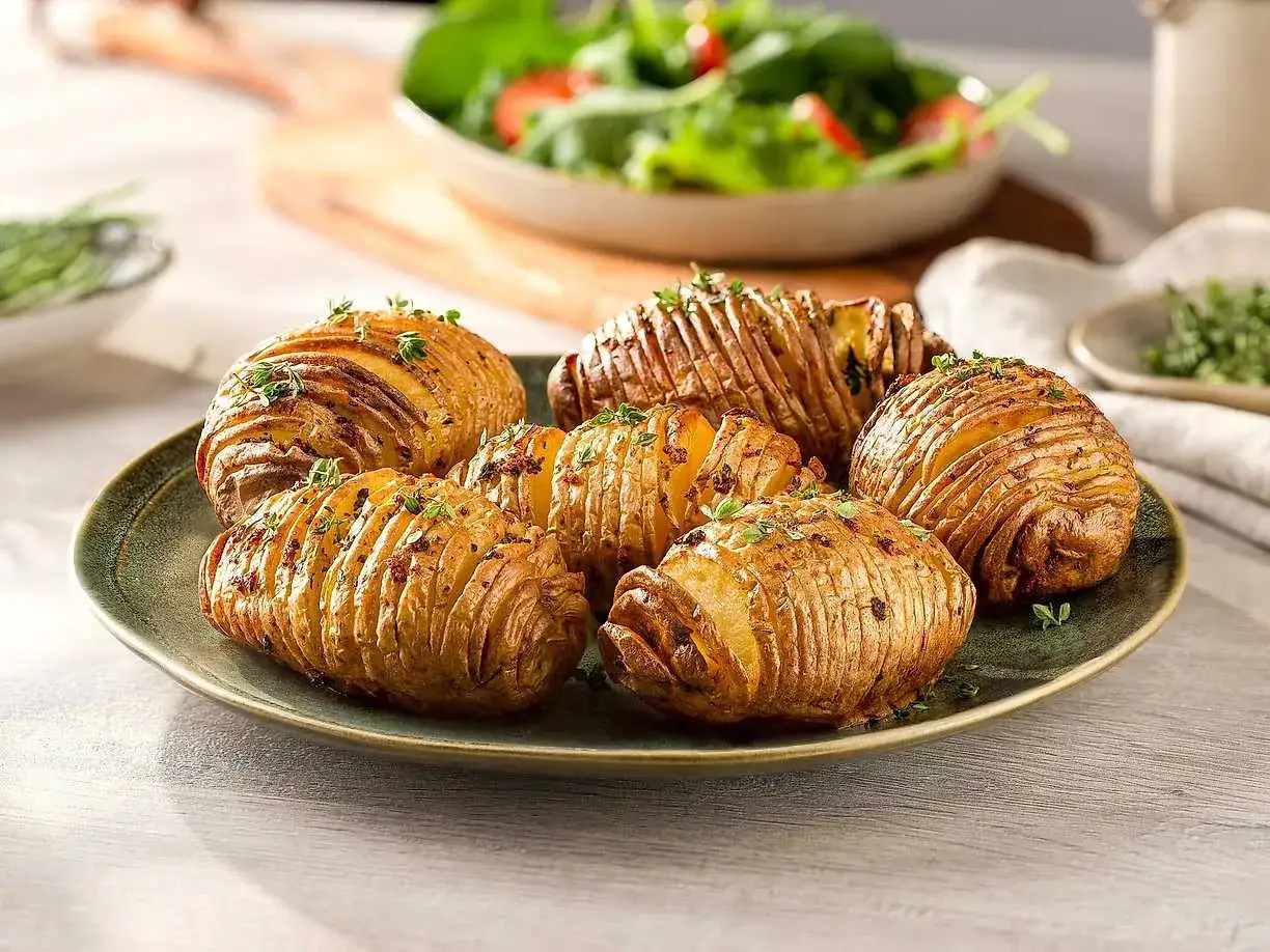 Perfekt krispiga hasselbackspotatis i airfryer, toppade med f&auml;rska &ouml;rter. En h&auml;rlig sidor&auml;tt som passar till det mesta.