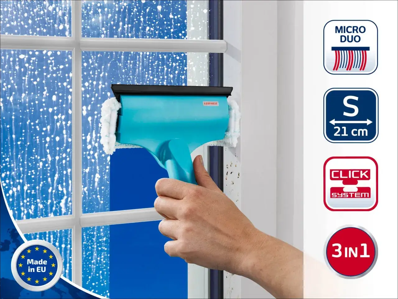 Herramienta azul para limpieza de ventanas con mango ergon&oacute;mico, dejando un acabado impecable.