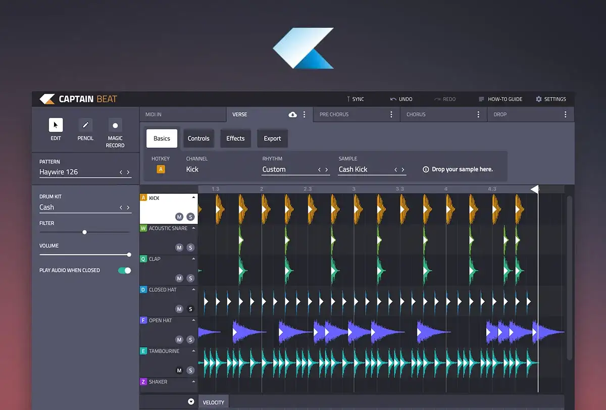 Mit Captain Beat eigene Beats selber machen. Die Software zeigt eine Drum-Machine-Oberfläche mit verschiedenen Spuren und Samples.