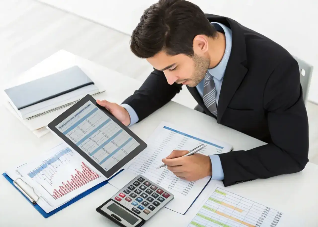 Hombre de negocios revisa gráficos y datos en tablet y papel, con calculadora. Claves para saber como emprender un negocio.