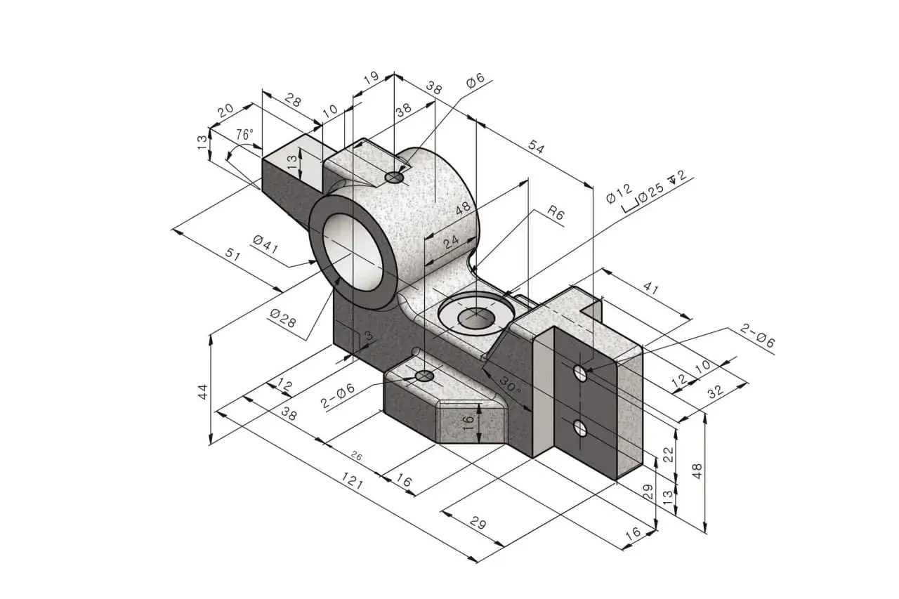 Disegno tecnico isometrico di un componente meccanico, con quote e tolleranze, frutto di una accurata progettazione CAD.