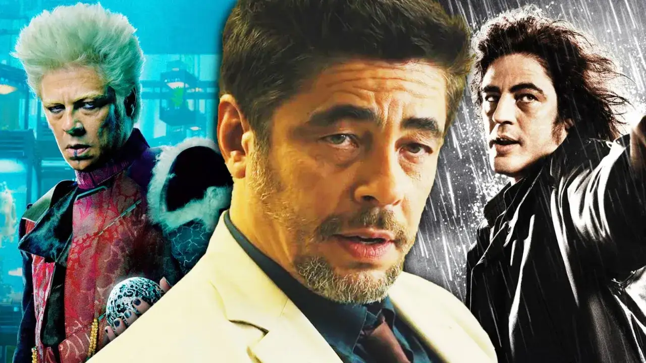 Benicio del Toro w filmach: w centrum zbliżenie na aktora, po lewej w ekstrawaganckim stroju, po prawej w deszczu.