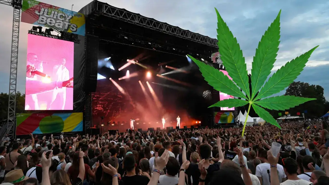 Ein gro&szlig;es Cannabisblatt &uuml;berragt eine jubelnde Menge bei einem Juicy Beats Festival. Die B&uuml;hne ist beleuchtet, die K&uuml;nstler performen. Perfekt f&uuml;r Kiffer Musik.