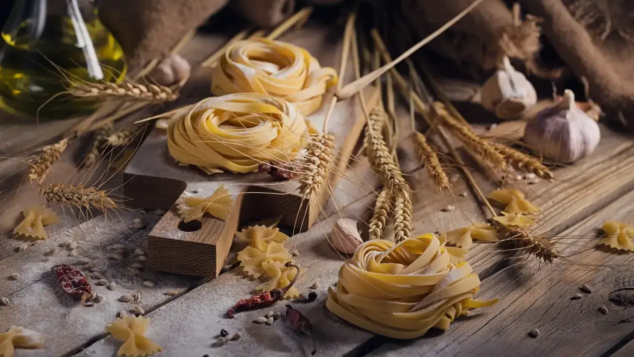 Makaron z mąki durum czy zwykłej pszennej? Na drewnianym stole leżą gniazda tagliatelle, farfalle, czosnek, pszenica i papryczki chili.