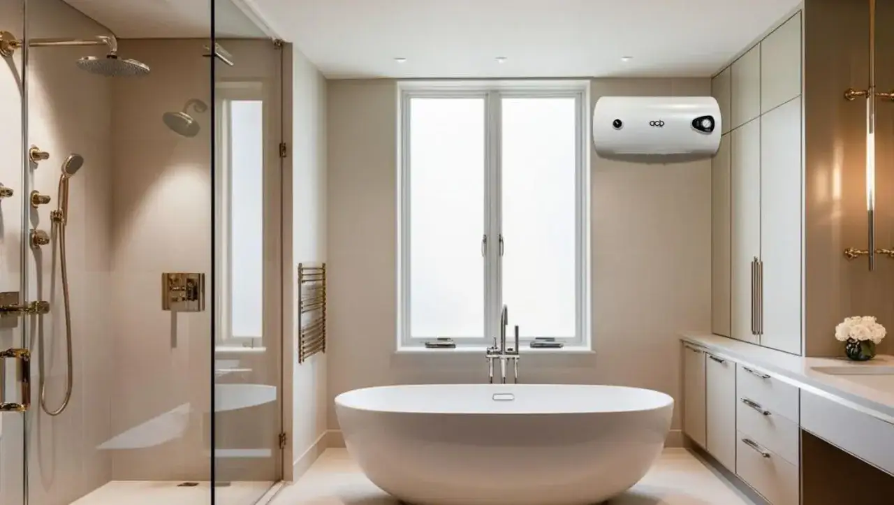 Ba&ntilde;o moderno con ba&ntilde;era y ducha. Un termo el&eacute;ctrico de 80 litros cuelga de la pared, listo para responder a la pregunta: cuanto dura un termo el&eacute;ctrico de 80 litros.