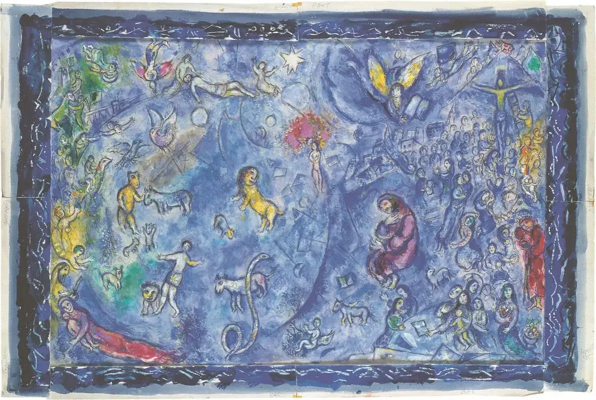 Escena on&iacute;rica de **Marc Chagall** con figuras celestiales, animales y multitudes en tonos azules.