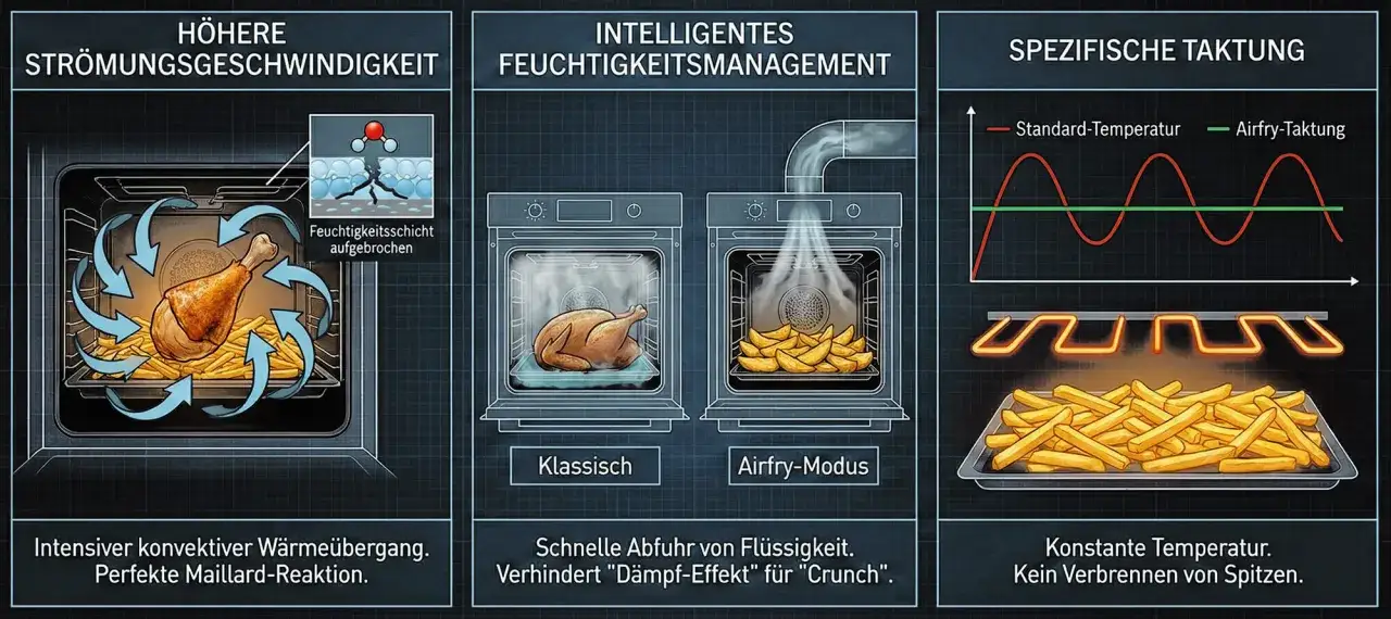 Der **Backofen Umluft** mit hoher Strömungsgeschwindigkeit sorgt für intensive Konvektion und perfekte Maillard-Reaktion. Feuchtigkeitsmanagement verhindert Dämpfen für knusprige Ergebnisse.