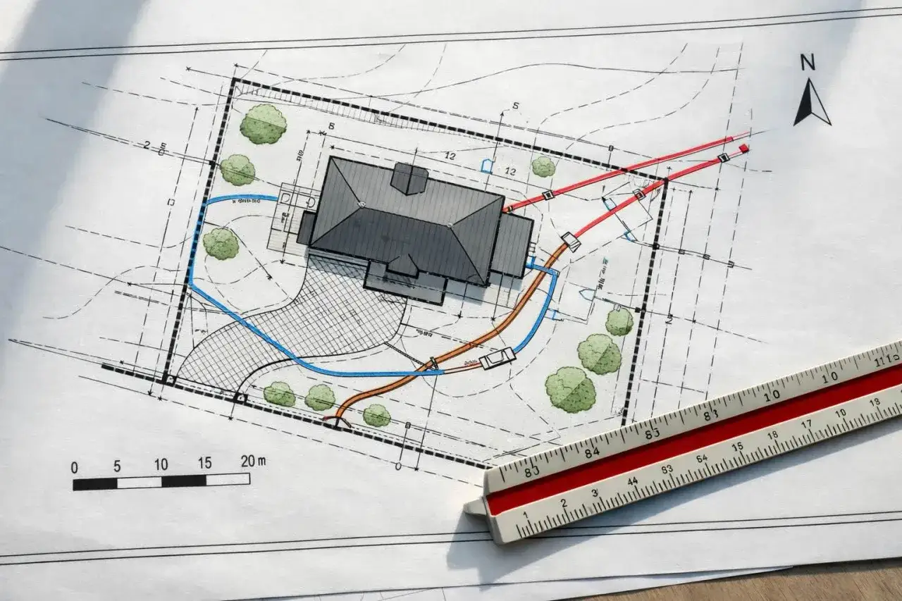 Plan domu z zaznaczonymi strefami ochronnymi, drogami dojazdowymi i zielenią. Skala i linijka wskazują wymiary.