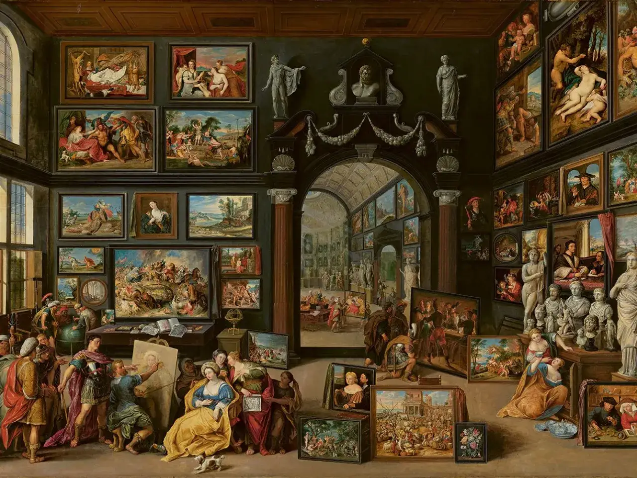 A bustling scene inside one of the most famous artists studios, filled with paintings, sculptures, and people admiring art.