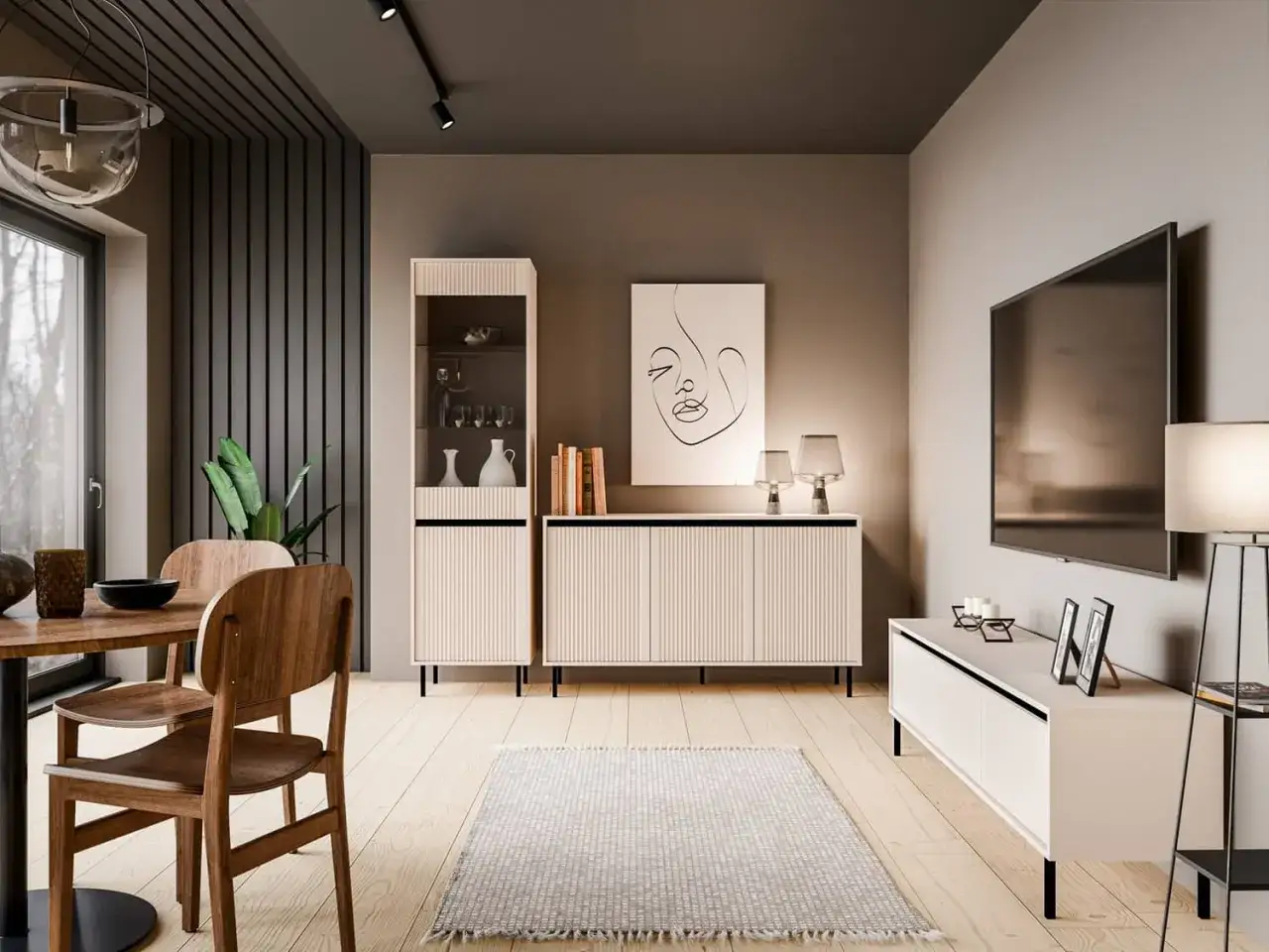 Ein Esszimmer mit Holztisch, St&uuml;hlen und einem Schrank in welcher Farbe ist beige. Ein Teppich und ein Fernseher vervollst&auml;ndigen den Raum.