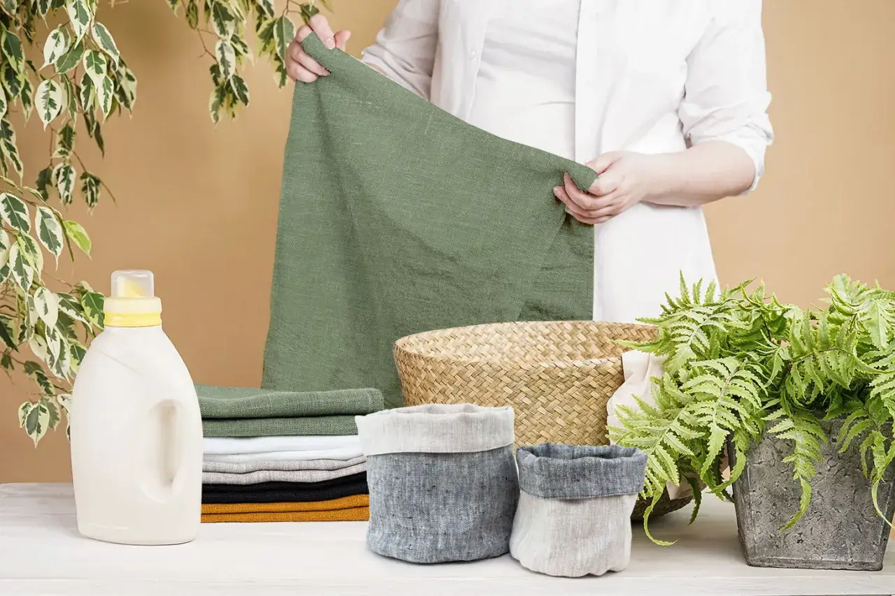 Manos sostienen tela verde. Al lado, detergente, cestas de lino y plantas. Aprende como lavar el lino para que no encoja.