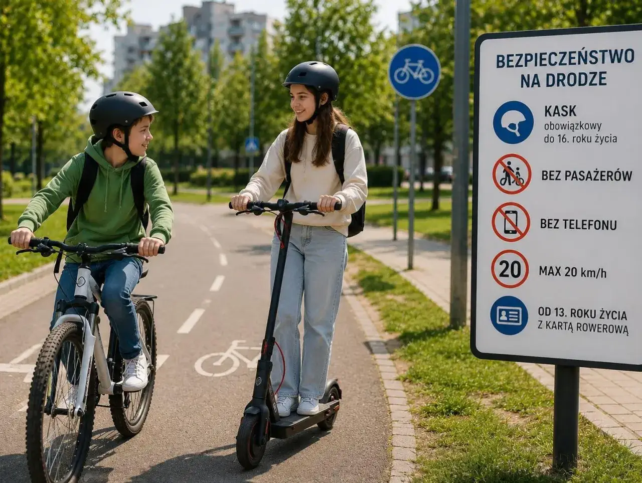 Dzieci na ścieżce rowerowej: chłopiec na rowerze, dziewczynka na hulajnodze elektrycznej. Znak informuje, że hulajnogą elektryczną można jeździć po ścieżce rowerowej od 13. roku życia.