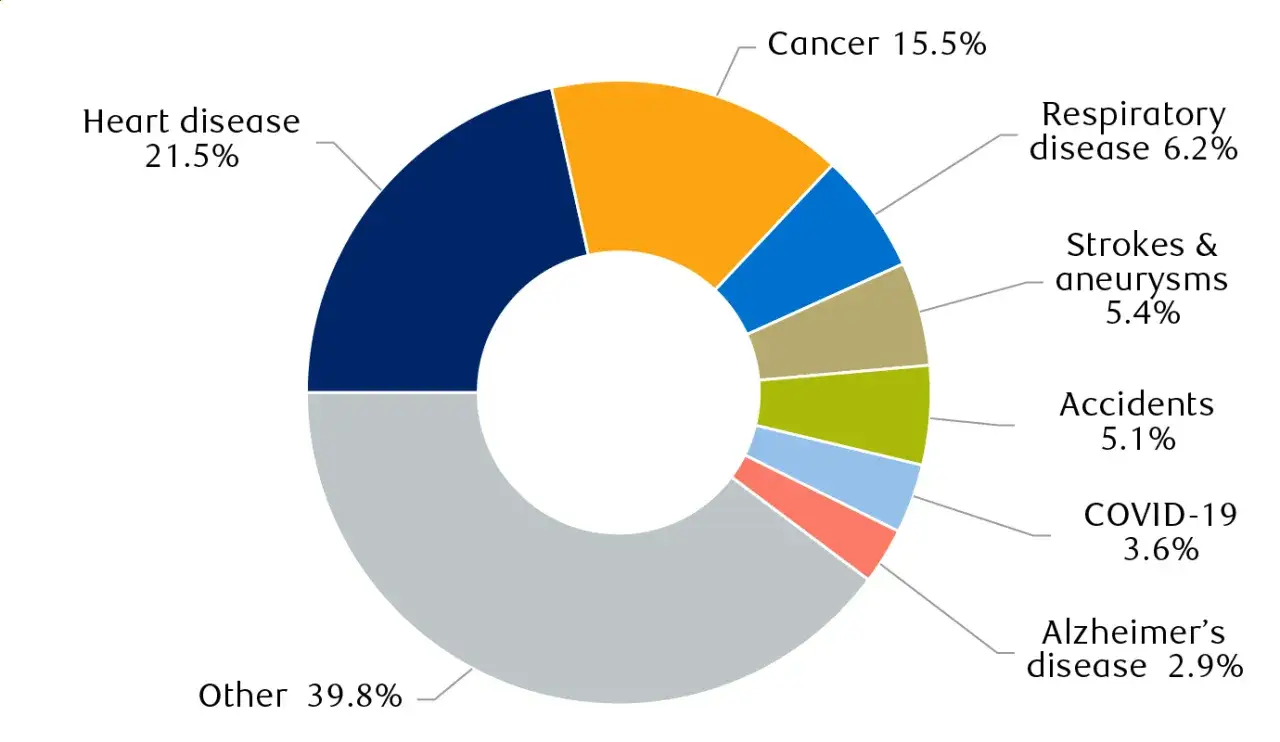 PKO medycyny i demografii globalny: choroby serca (21,5%), nowotwory (15,5%), inne (39,8%) i COVID-19 (3,6%).