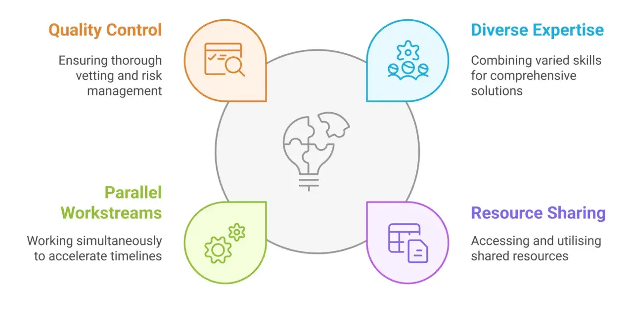 Diagram illustrating a facilitative leadership style with four key elements: Quality Control, Diverse Expertise, Parallel Workstreams, and Resource Sharing, all contributing to a central lightbulb icon.