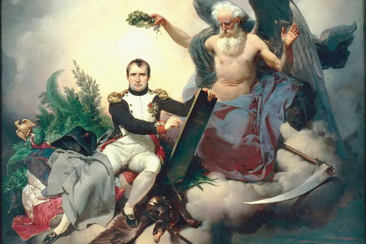 Napoleon prezentuje Kodeks Napoleona, symbol jego dziedzictwa, podczas gdy uosobienie czasu wręcza mu wieniec laurowy.