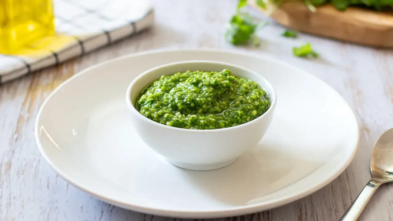 Una ciotola di pesto di rucola e mandorle, fresco e vibrante, su un piatto bianco. Ingredienti per un sapore unico.