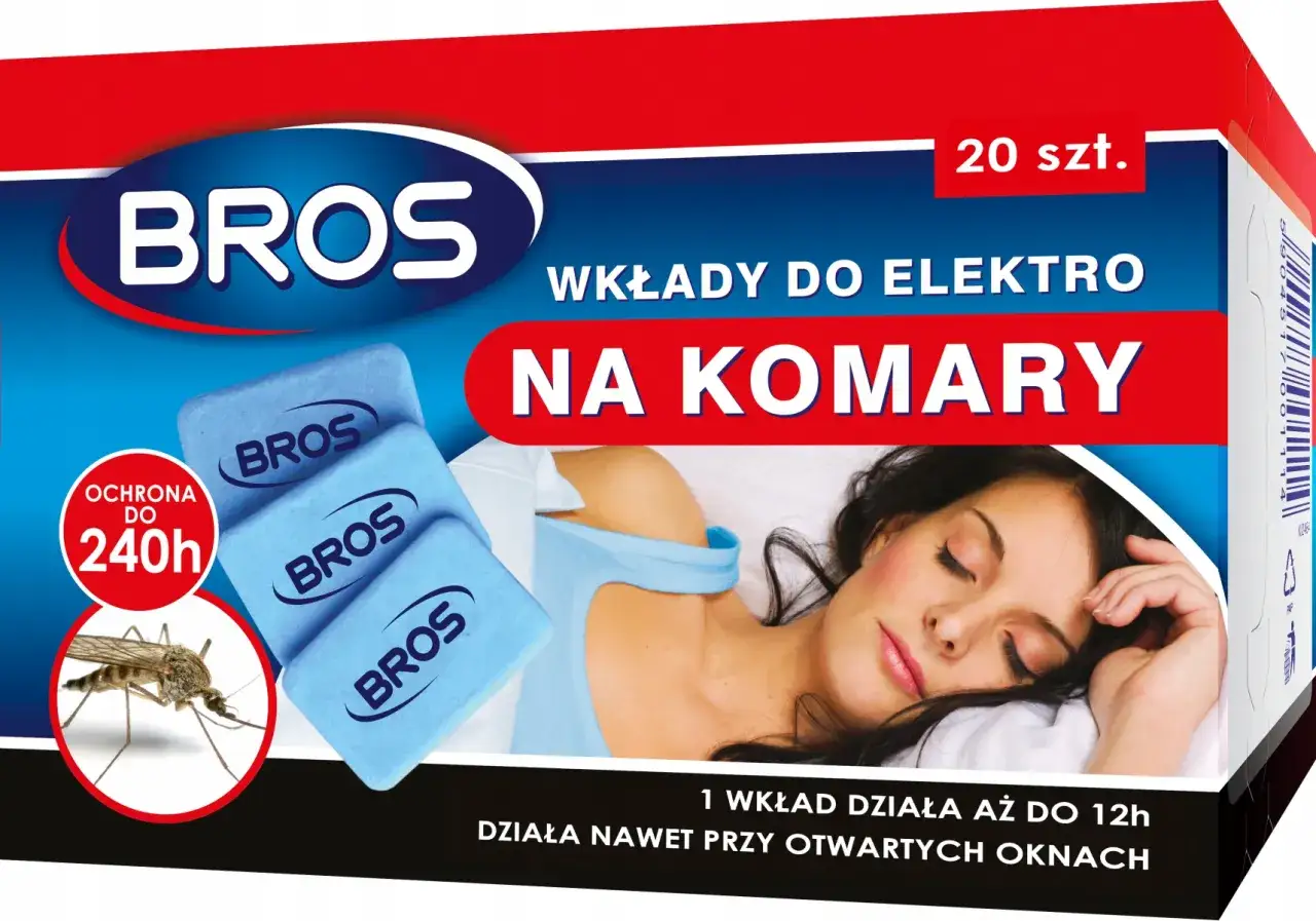 BROS wkłady do elektro na komary zapewnią spokojny sen. Na opakowaniu widać śpiącą kobietę i komara.