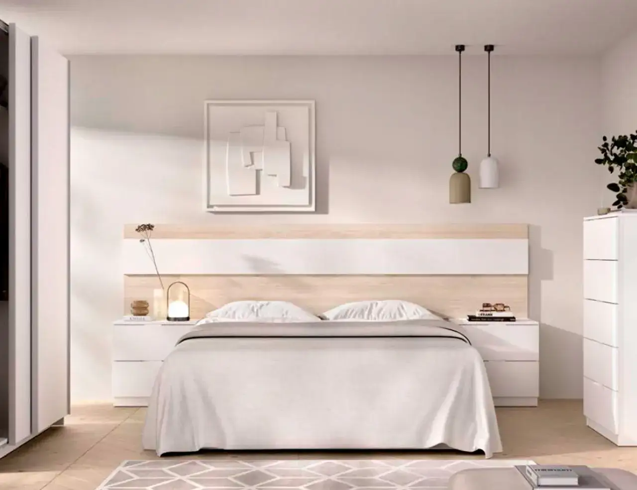 Habitación moderna con cama, mesitas de noche y armario. Ideas para elegir un colchon que combine con este estilo.