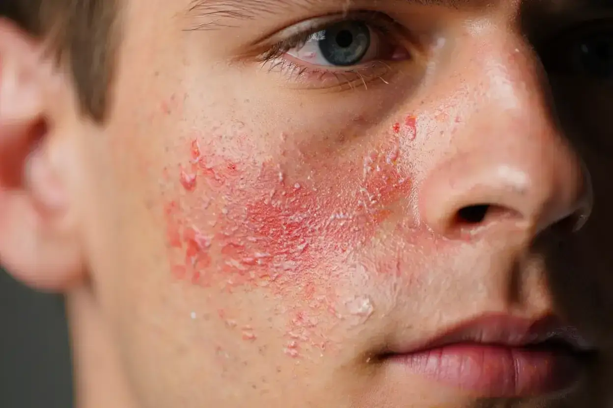 Gros plan sur le visage d'un homme présentant une **allergie cutanée visage** avec des rougeurs et des lésions suintantes.
