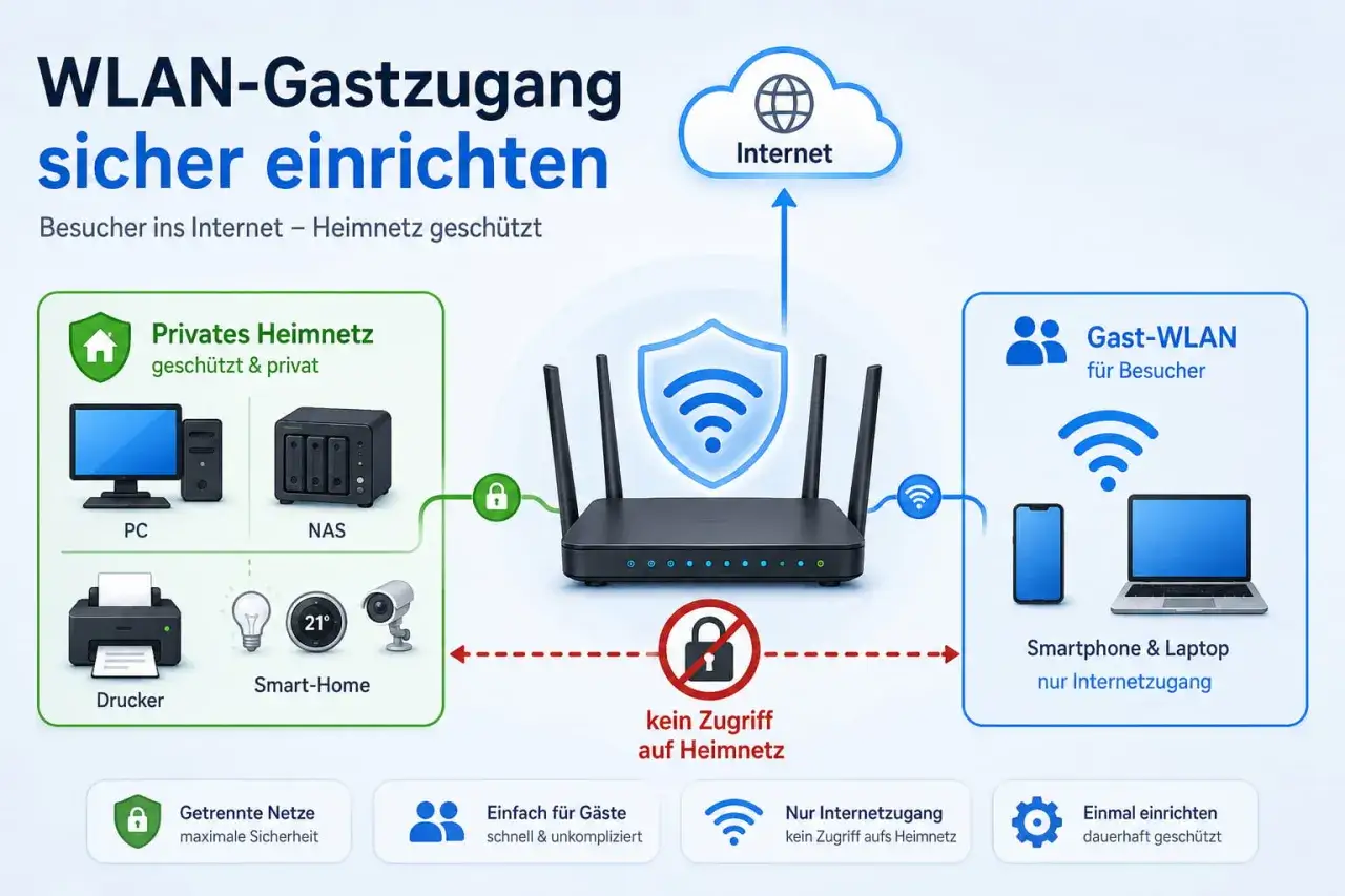 WLAN-Gastzugang sicher einrichten: Schutz vor Risiko. Gäste surfen im Internet, Ihr Heimnetz bleibt privat und sicher.