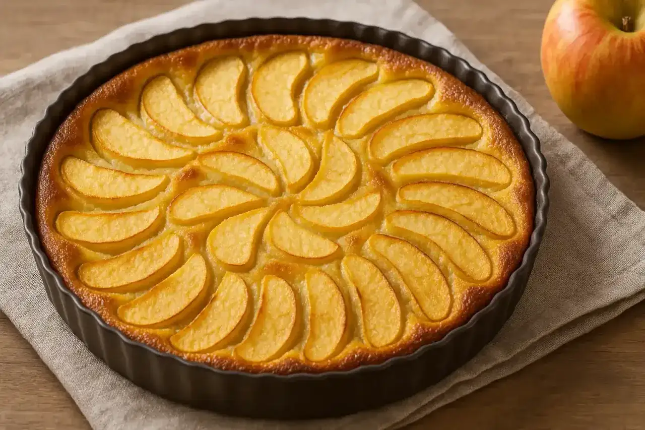 Un d&eacute;licieux clafoutis pomme, dor&eacute; et app&eacute;tissant, orn&eacute; de fines tranches de pommes dispos&eacute;es en rosace.