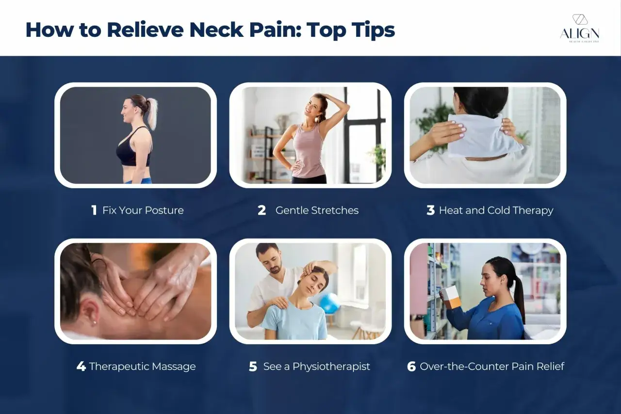 Tipps gegen steifes Genick: Haltung verbessern, dehnen, Wärme/Kälte, Massage, Physiotherapie oder rezeptfreie Mittel.