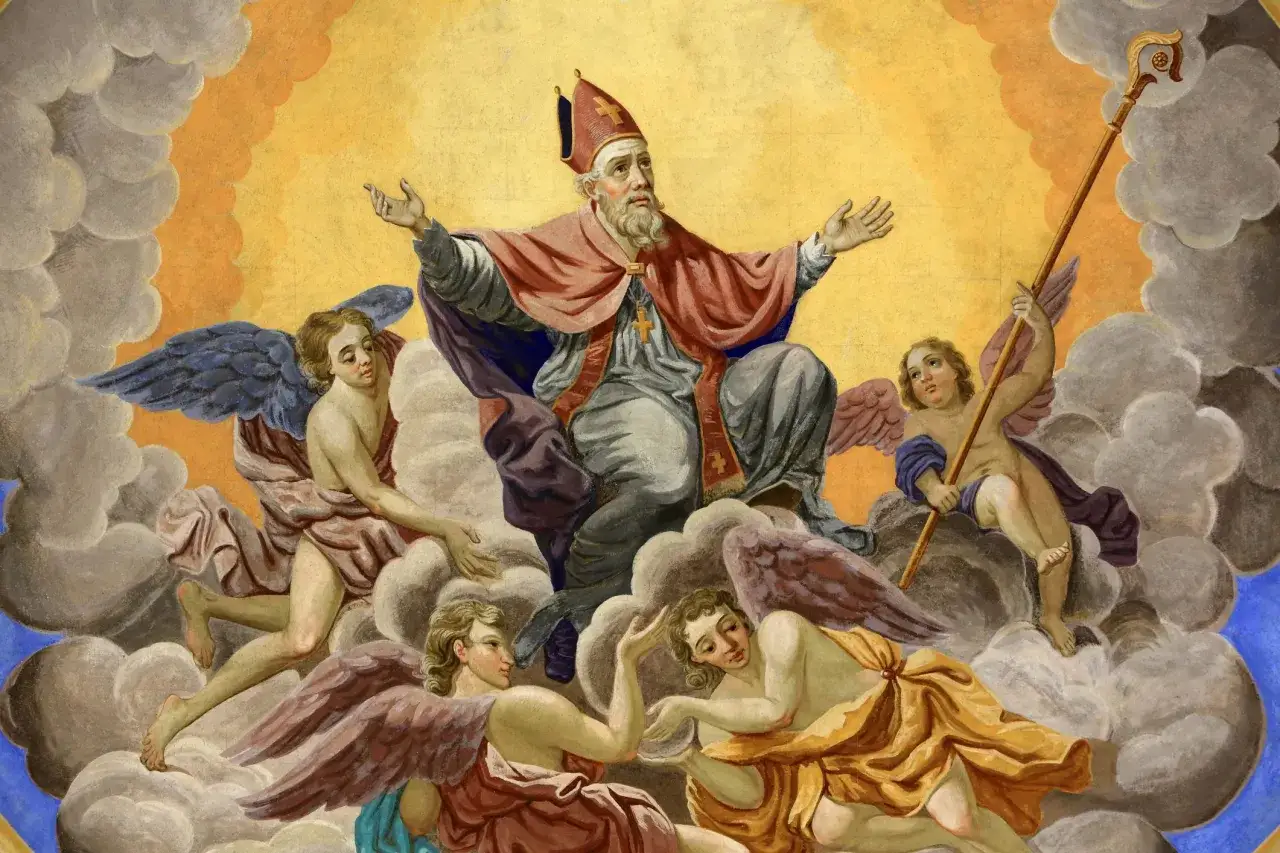 Święty Mikołaj w chmurach, otoczony aniołami, z pastorałem. Czy istnieje święty mikołaj? Tak, w sztuce!