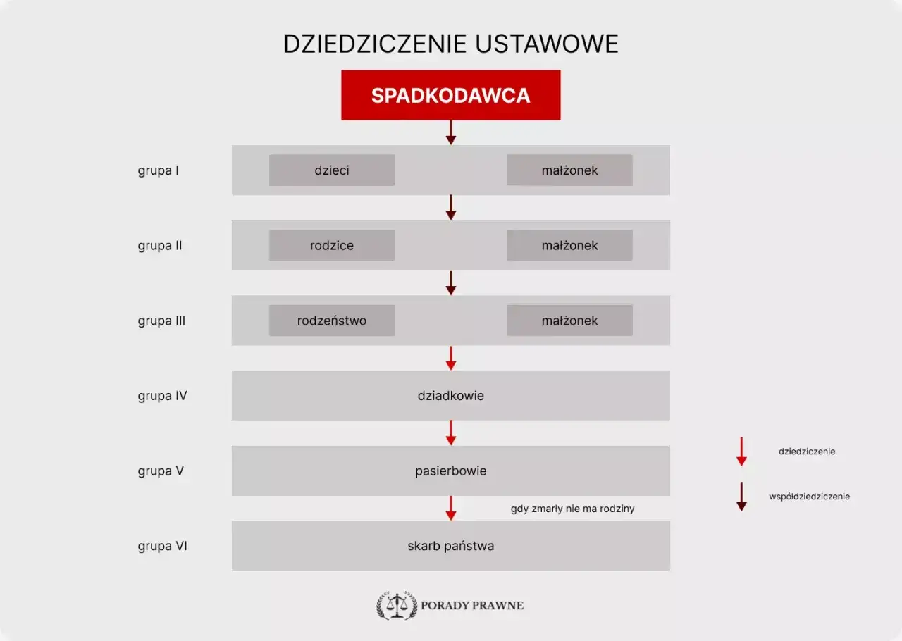 Schemat dziedziczenia ustawowego: małżonek dziedziczy z dziećmi, rodzicami lub rodzeństwem. Gdy ich brak, dziedziczą dziadkowie, pasierbowie, a na końcu skarb państwa.