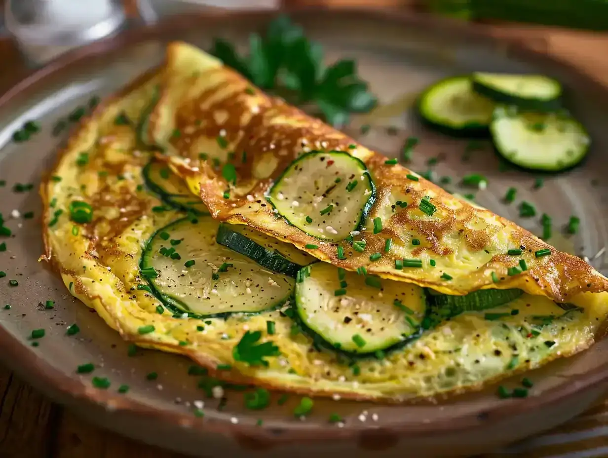 En gyllene omelett i ugn fylld med skivad zucchini och toppad med f&auml;rska &ouml;rter. Enkel och god!