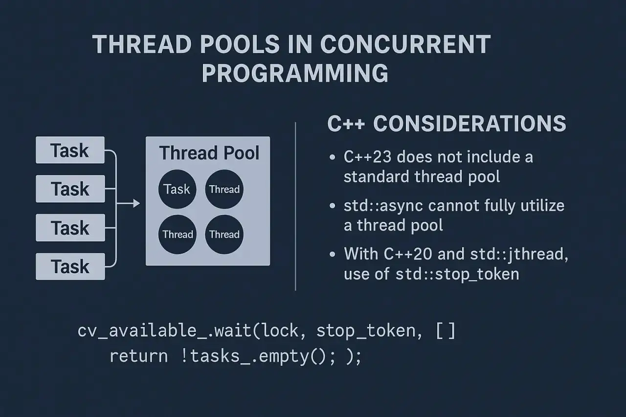 Diagramme illustrant un thread pool gérant des tâches avec des threads. Considérations C++ sur les thread pools.