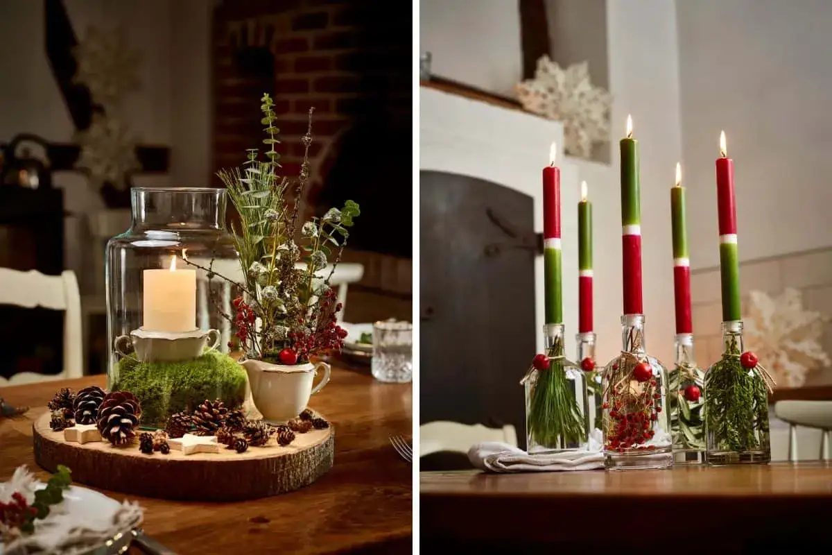 Festlich gedeckter Tisch Weihnachten mit Kerzen, Tannenzweigen und Zapfen. Stimmungsvolle Dekoration f&uuml;r die Feiertage.
