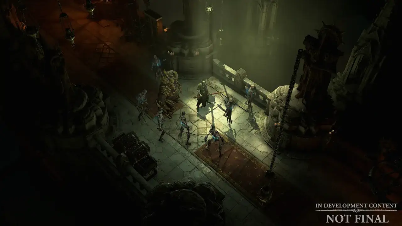 Mroczna scena z gry Diablo 4, gdzie bohater walczy z hordą szkieletów i potworem. Recenzja gry zapowiada się emocjonująco.