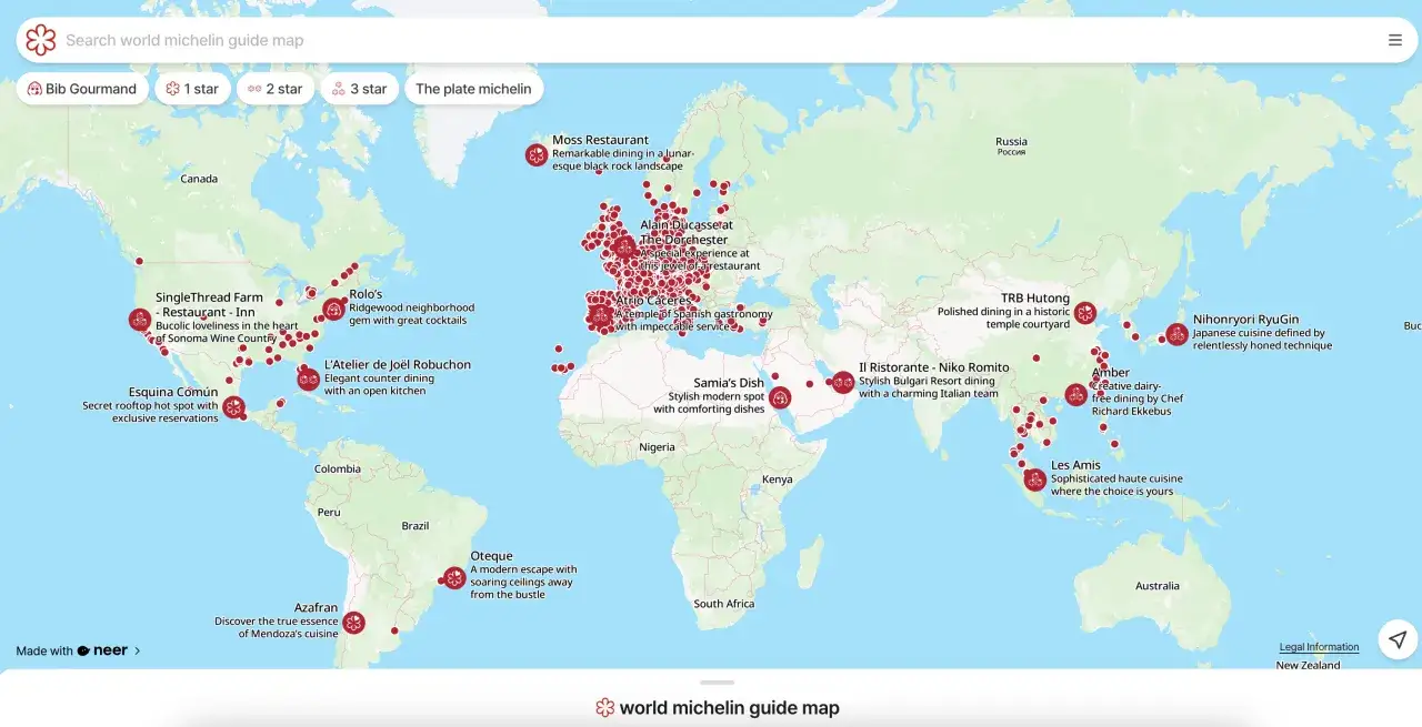 Mapa świata z restauracjami z gwiazdką Michelin. Wiele lokali w Europie, USA, Azji i Australii.