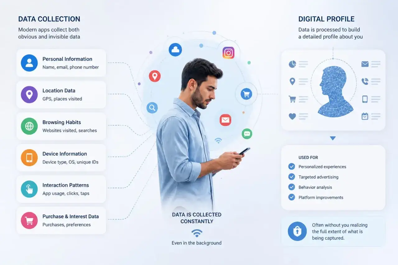 Ein Mann nutzt sein Smartphone, w&auml;hrend Daten gesammelt werden. Soziale Medien und Apps erstellen ein digitales Profil, das man kaum verbergen kann.